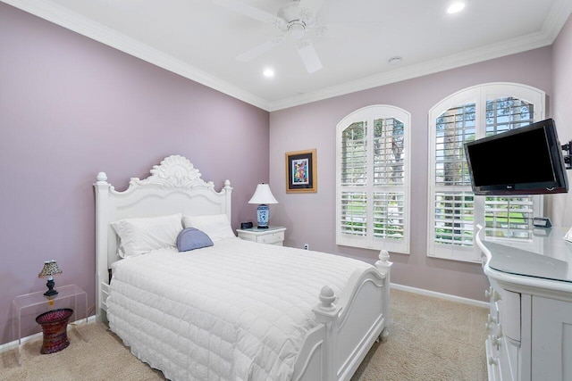 bedroom featuring baseboards, light colored carpet, ceiling fan, ornamental molding, and recessed lighting