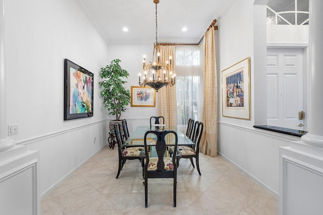 dining room featuring an inviting chandelier, light tile patterned floors, ornamental molding, and recessed lighting