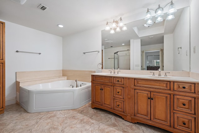 full bath featuring a bath, a stall shower, a sink, and visible vents