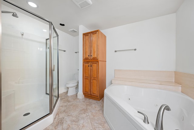 bathroom with toilet, a stall shower, visible vents, and a jetted tub