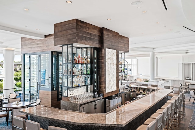 bar featuring recessed lighting and beamed ceiling