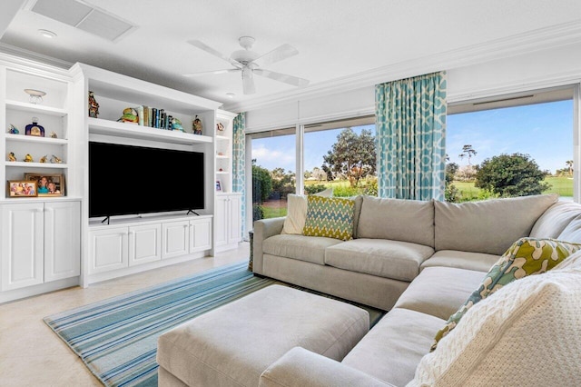 living room featuring light tile patterned floors, a ceiling fan, built in features, visible vents, and crown molding