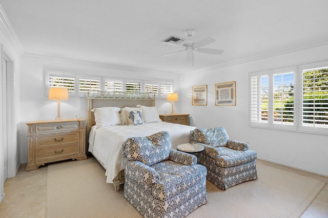 bedroom with ceiling fan, visible vents, ornamental molding, and baseboards