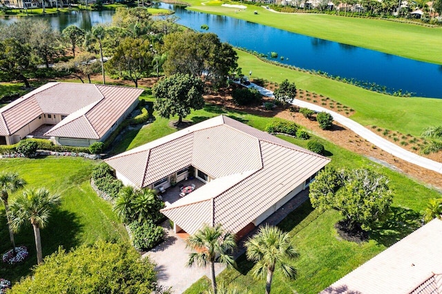 bird's eye view with a water view