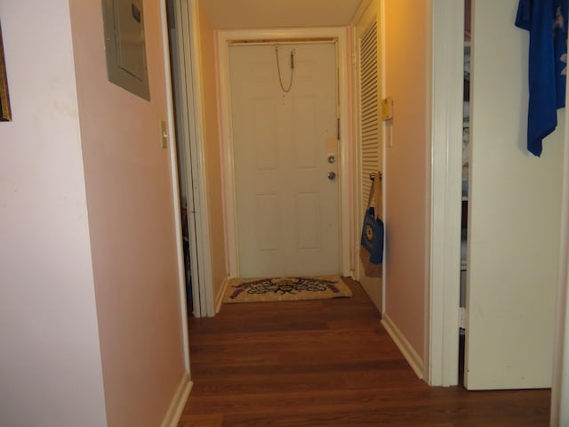 5580 Tamberlane Cir Unit 334, Palm Beach Gardens, FL 33418 - hallway with electric panel, wood finished floors, and baseboards