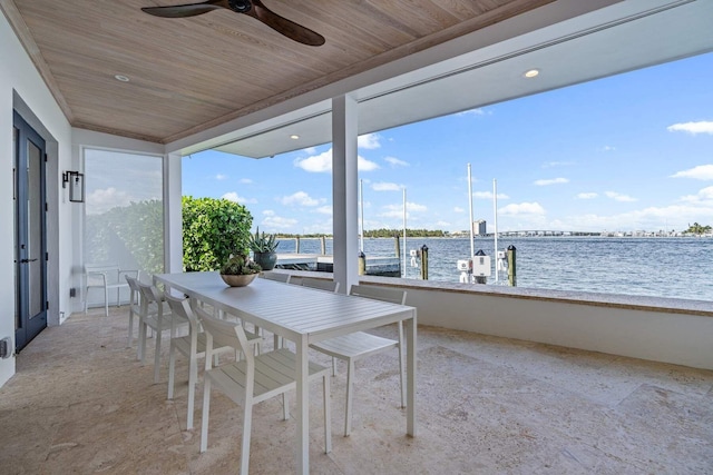 unfurnished sunroom featuring wood ceiling, a water view, and ceiling fan