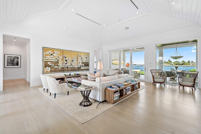 living room with a water view, wooden ceiling, high vaulted ceiling, and light wood finished floors