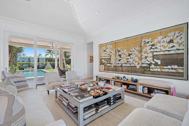 living room featuring wooden ceiling, ornamental molding, and vaulted ceiling