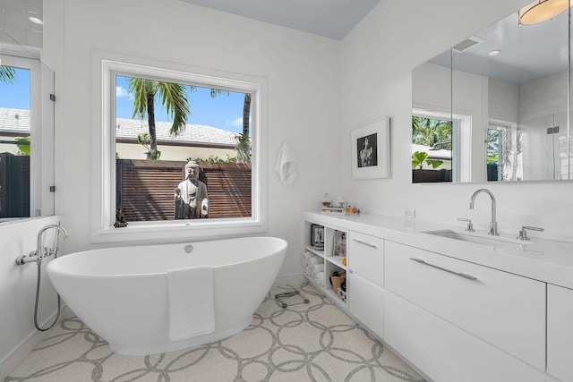 bathroom with a freestanding bath, vanity, and a wealth of natural light