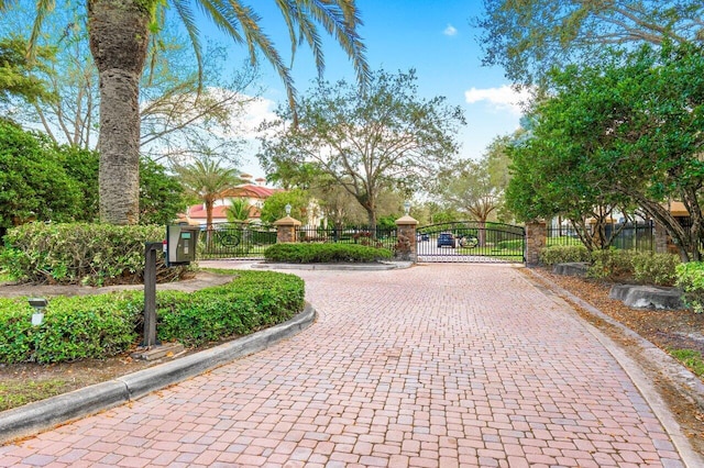 surrounding community with a gate, fence, and decorative driveway