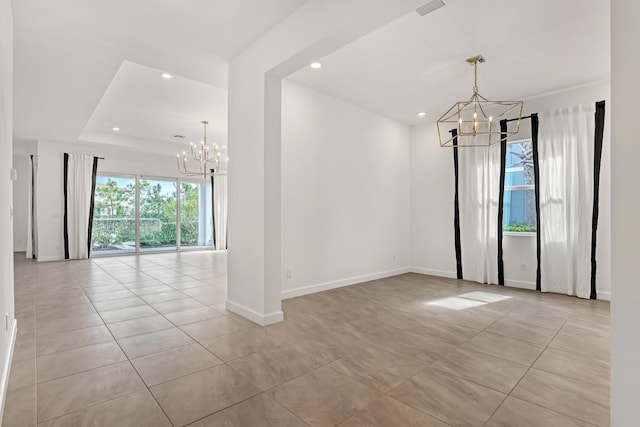 spare room with light tile patterned floors, baseboards, visible vents, a chandelier, and recessed lighting