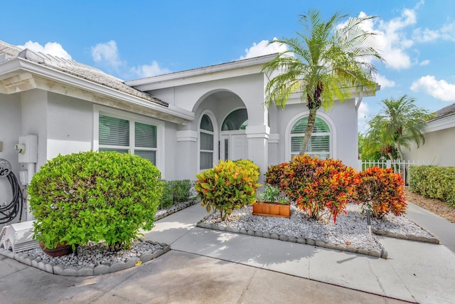 doorway to property featuring stucco siding