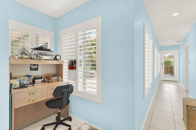 office area with light tile patterned floors, recessed lighting, and baseboards