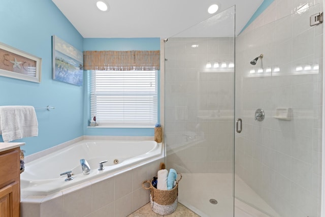 full bath with recessed lighting, a garden tub, a shower stall, and vanity