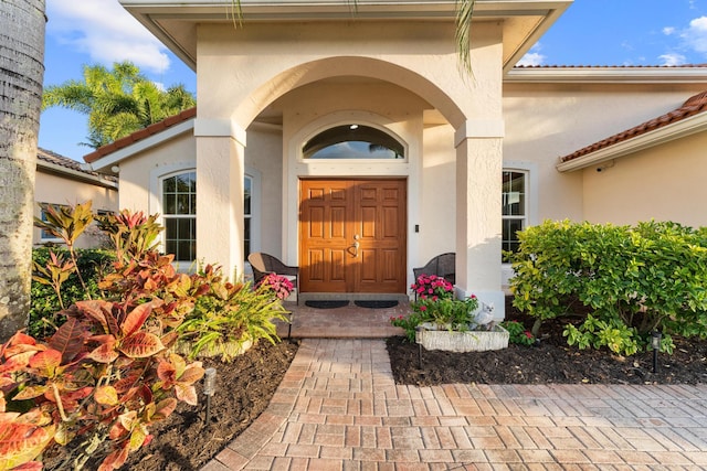 entrance to property featuring stucco siding