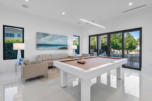 game room featuring recessed lighting, pool table, visible vents, and light tile patterned floors