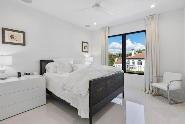 bedroom with a ceiling fan and recessed lighting