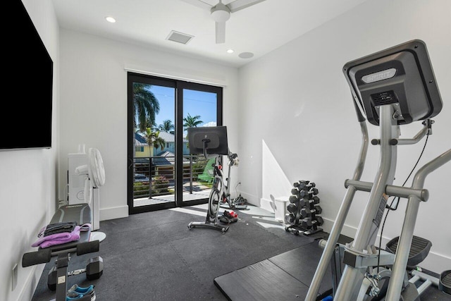 workout area featuring visible vents, baseboards, a ceiling fan, and recessed lighting