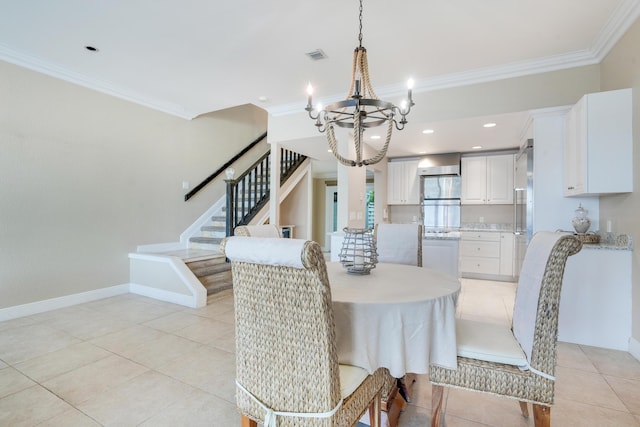 dining space featuring stairway, baseboards, visible vents, and ornamental molding