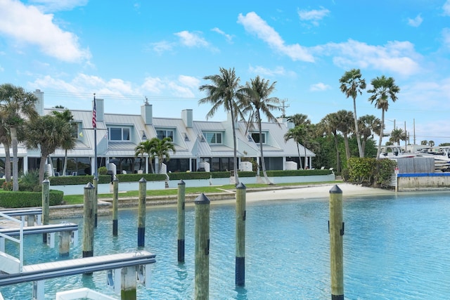 view of pool with a water view and a boat dock