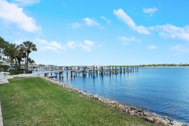 dock area with a yard and a water view