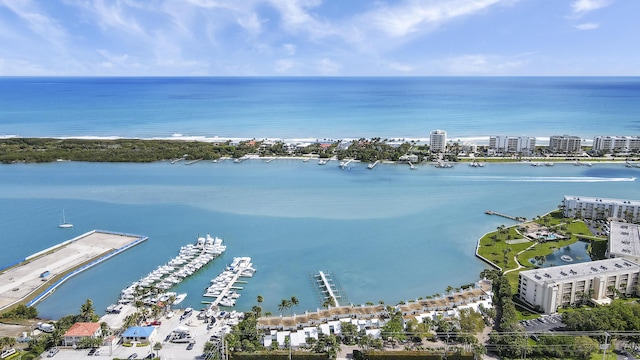 bird's eye view with a water view and a view of city