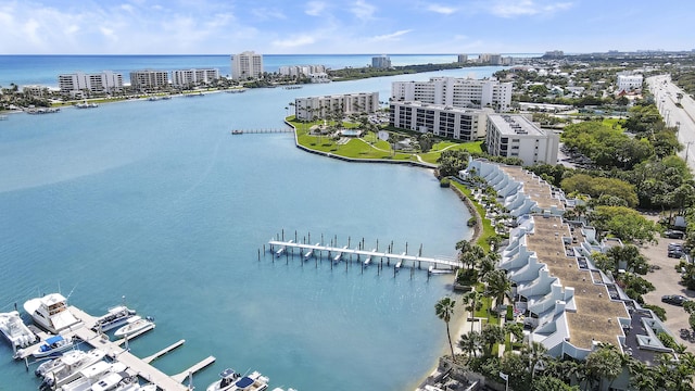 bird's eye view featuring a water view and a view of city