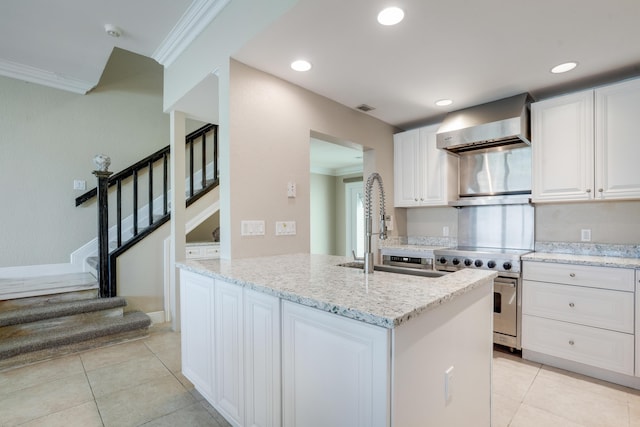 kitchen featuring wall chimney exhaust hood, a sink, stainless steel stove, and crown molding