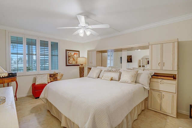 bedroom featuring ornamental molding, baseboards, and a ceiling fan