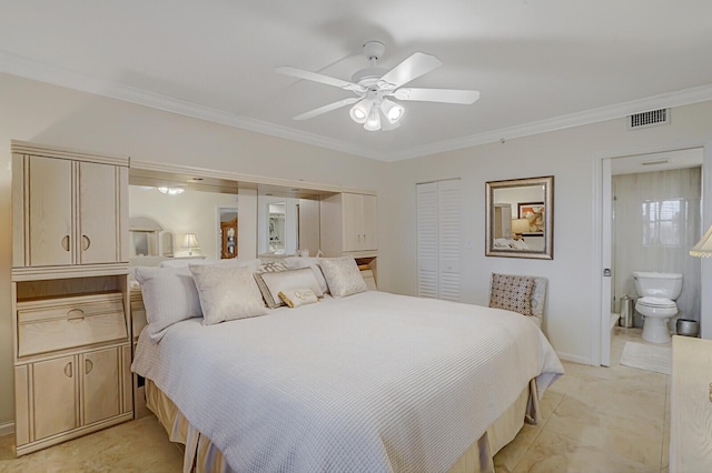 bedroom with a closet, visible vents, ornamental molding, ceiling fan, and ensuite bath