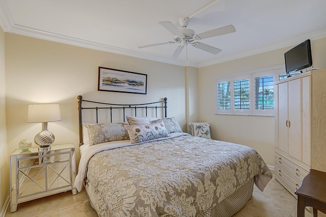 bedroom with ceiling fan, crown molding, and light tile patterned floors