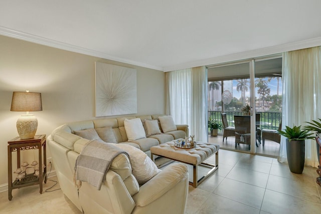 living area with light tile patterned floors and ornamental molding