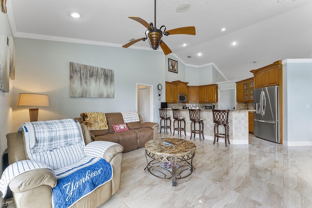 living area featuring marble finish floor, crown molding, recessed lighting, ceiling fan, and high vaulted ceiling