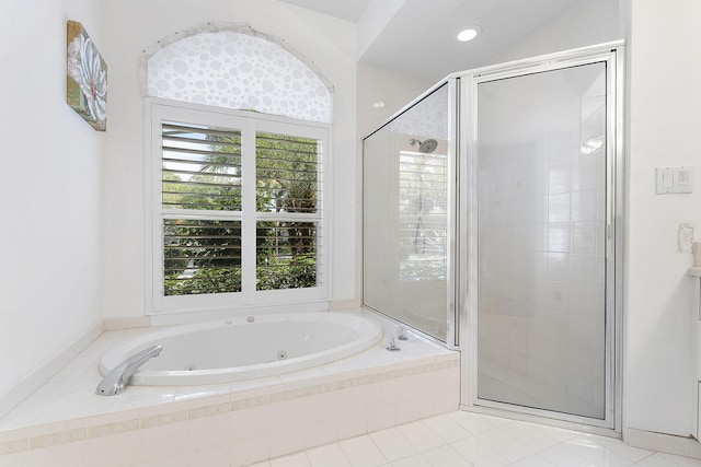bathroom featuring a whirlpool tub, a stall shower, and recessed lighting