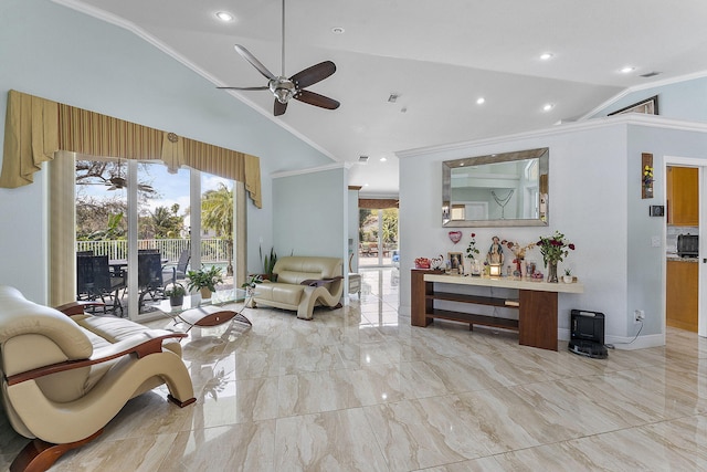 living room with baseboards, a ceiling fan, marble finish floor, crown molding, and recessed lighting