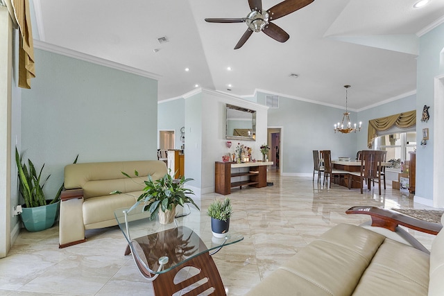 living room featuring ceiling fan with notable chandelier, baseboards, vaulted ceiling, marble finish floor, and crown molding