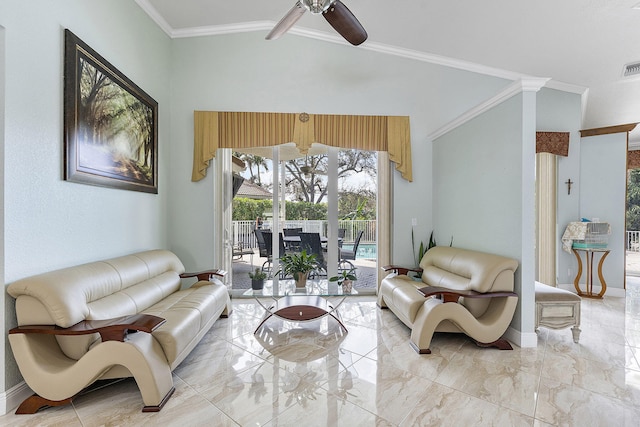 living room featuring visible vents, a ceiling fan, lofted ceiling, ornamental molding, and marble finish floor