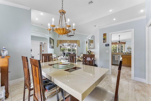 dining area featuring recessed lighting, visible vents, crown molding, and baseboards