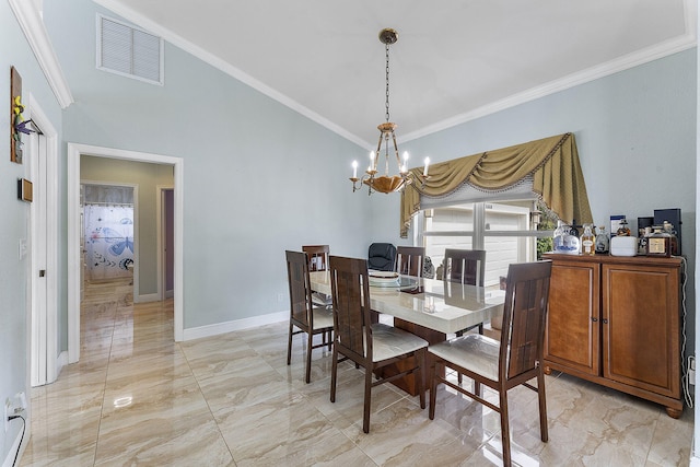 dining room featuring ornamental molding, marble finish floor, visible vents, and an inviting chandelier