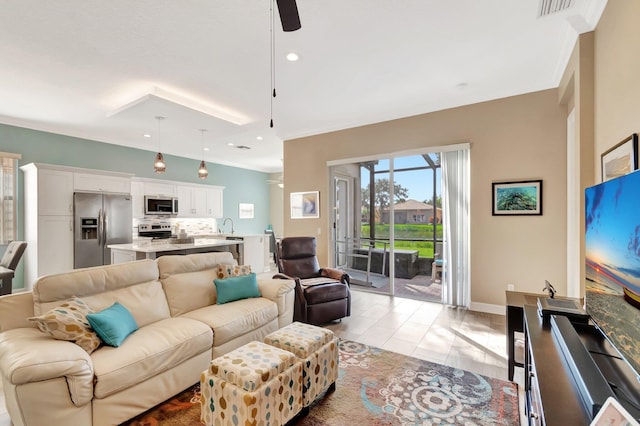 6782 Hillsdale Pt, Boynton Beach, FL 33437 - living area with baseboards, ornamental molding, a ceiling fan, and recessed lighting