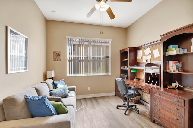 6782 Hillsdale Pt, Boynton Beach, FL 33437 - office featuring a ceiling fan, light wood-type flooring, and baseboards