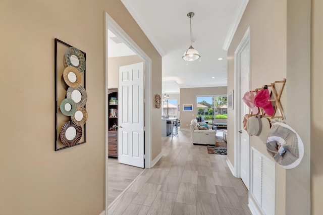 6782 Hillsdale Pt, Boynton Beach, FL 33437 - hallway with light wood-style floors, baseboards, ornamental molding, and recessed lighting