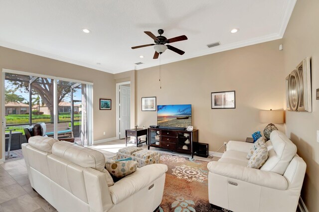 6782 Hillsdale Pt, Boynton Beach, FL 33437 - living room with baseboards, visible vents, ornamental molding, and recessed lighting