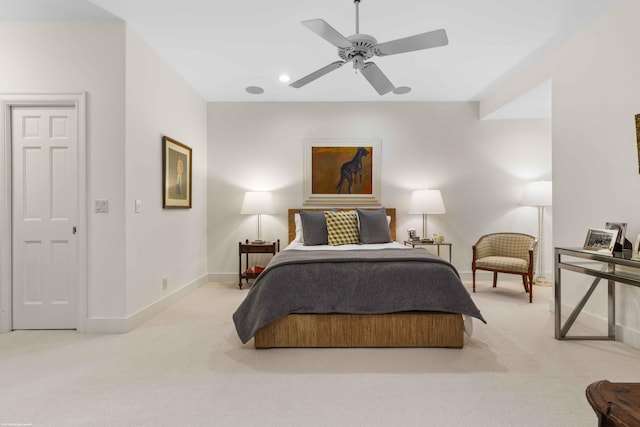 bedroom with carpet, baseboards, ceiling fan, and recessed lighting