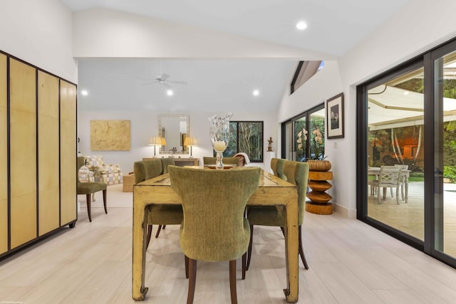 dining space featuring vaulted ceiling with beams, recessed lighting, a ceiling fan, and a healthy amount of sunlight