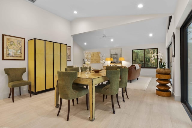 dining room featuring vaulted ceiling, ceiling fan, and recessed lighting