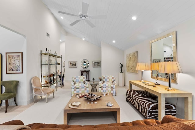 living area with visible vents, wood ceiling, carpet floors, high vaulted ceiling, and recessed lighting