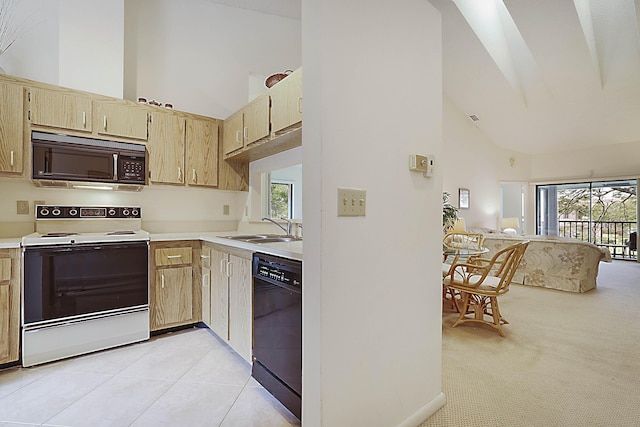 kitchen featuring light tile patterned floors, high vaulted ceiling, a sink, light countertops, and black appliances