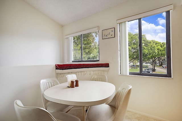 dining area with baseboards, vaulted ceiling, and a textured ceiling