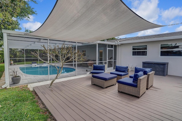 wooden terrace with an outdoor hangout area, a lanai, and an outdoor pool